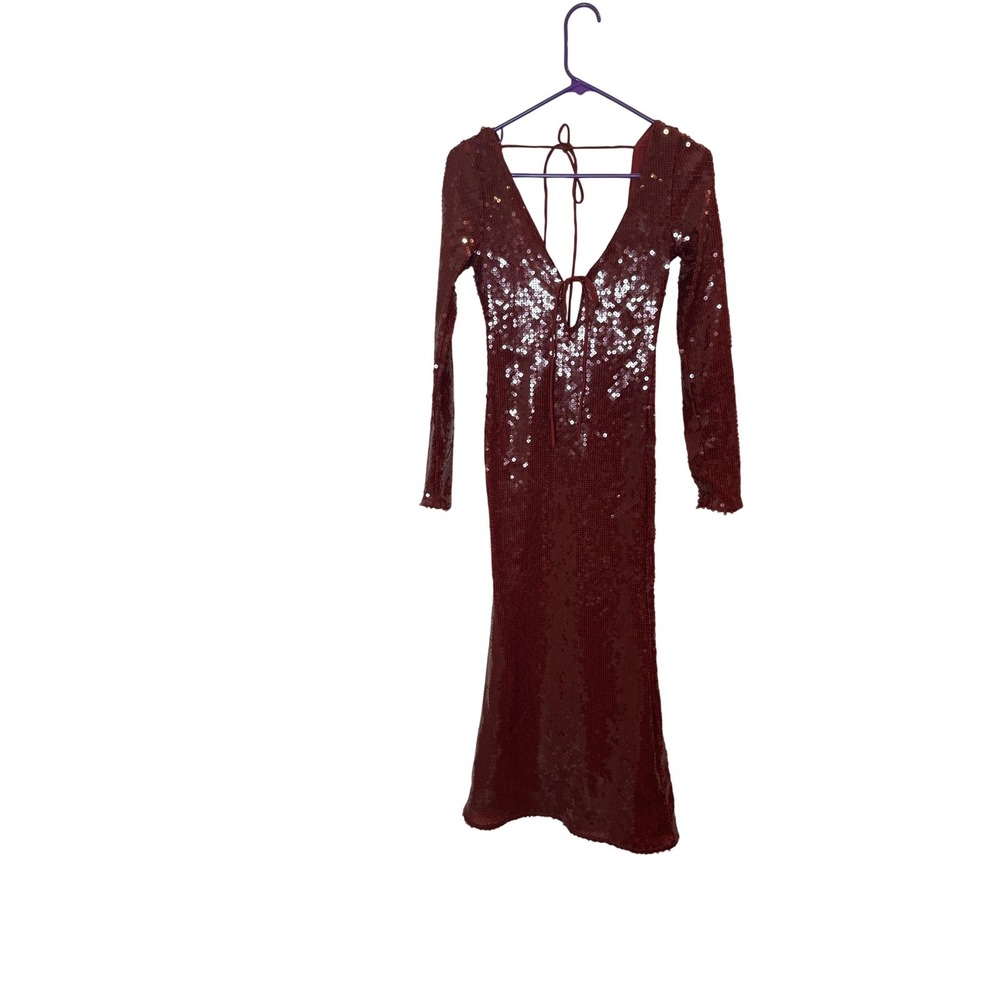 Bardot Sequin Dress Womens Small Burgundy Long Sleeve Bodycon Maxi Party Evening